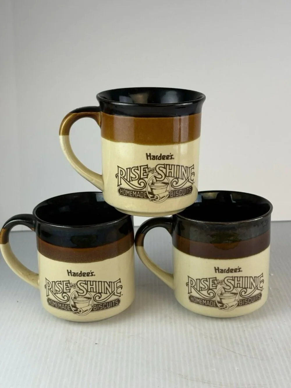 3 Hardees Coffee Mugs Brown Vintage 1989 Rise and Shine Retro Cabin Lodge Diner